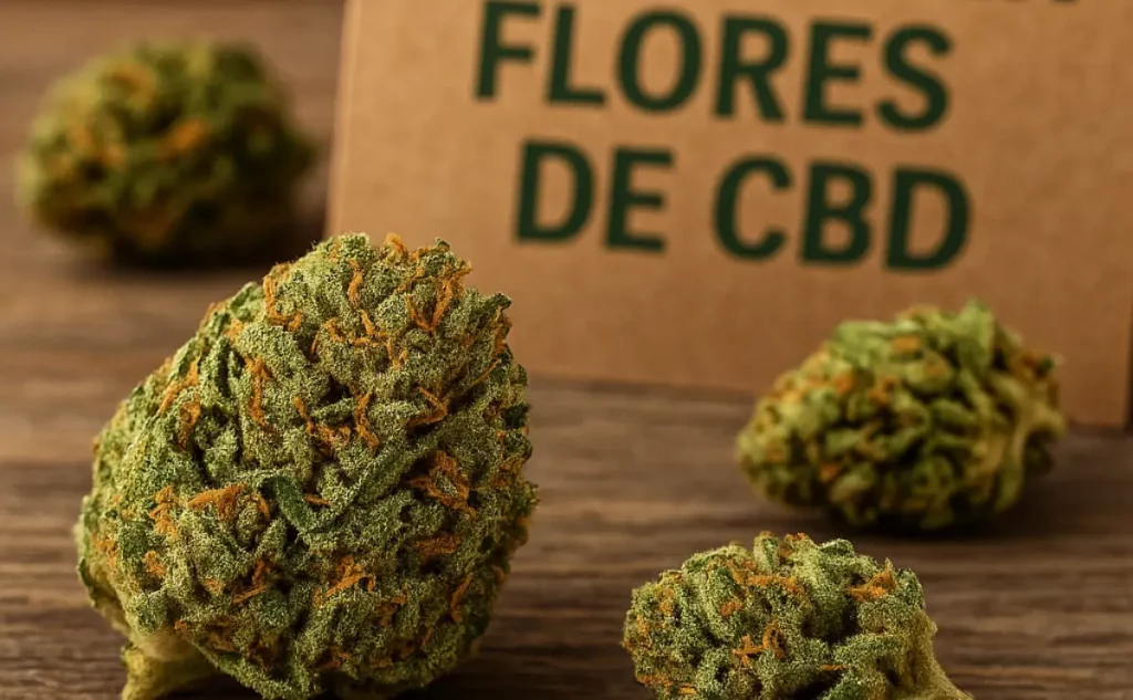 Close-up of legal CBD flowers with visible trichomes on wooden surface, illustrative image from Iguana Smoke blog