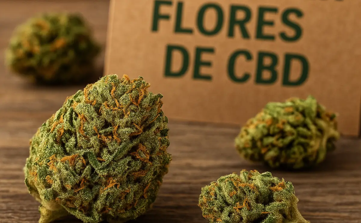 Close-up of legal CBD flowers with visible trichomes on wooden surface, illustrative image from Iguana Smoke blog