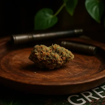 Flores de CBD legales sobre bandeja de madera - Comprar CBD online en Iguana Smoke